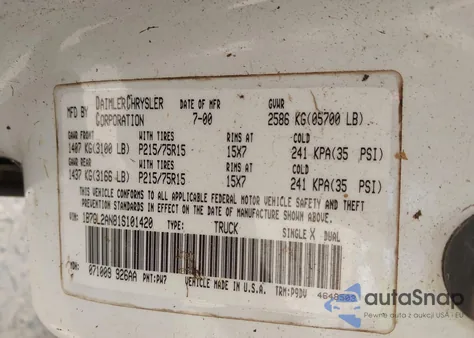 2001 Dodge Dakota Slt/Sport z USA, uszkodzony, nr VIN 1B7GL2AN81S101420